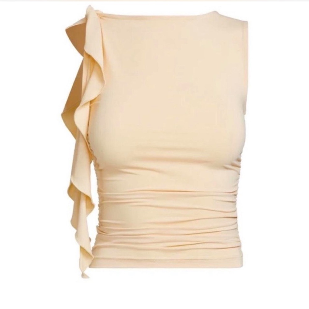 Lioness Rendezvous Sleeveless Ruffle One-Shoulder Top in butter yellow